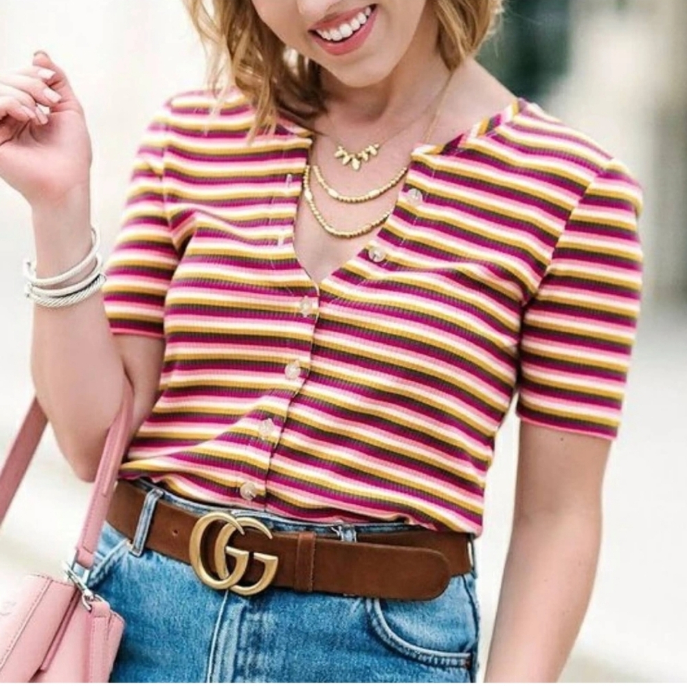 Anthropologie MAEVE Striped Henley Button Down T-Shirt. Size Medium